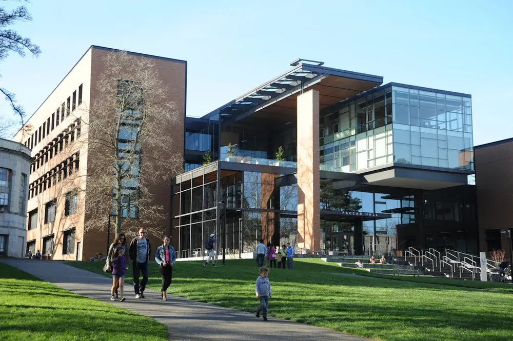 Students and visitors on a modern university campus
